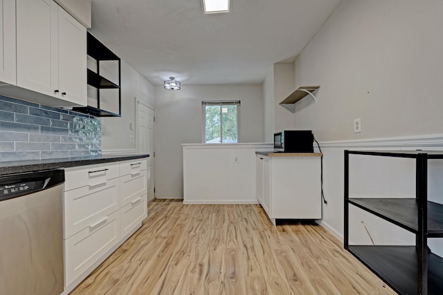 19526 Broadacres St, Clinton Township, MI 48035 - kitchen with dishwasher, open shelves, white cabinets, light wood-type flooring, and backsplash