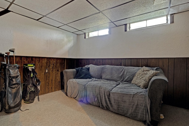 19526 Broadacres St, Clinton Township, MI 48035 - living area featuring wooden walls, a drop ceiling, carpet flooring, and a wainscoted wall
