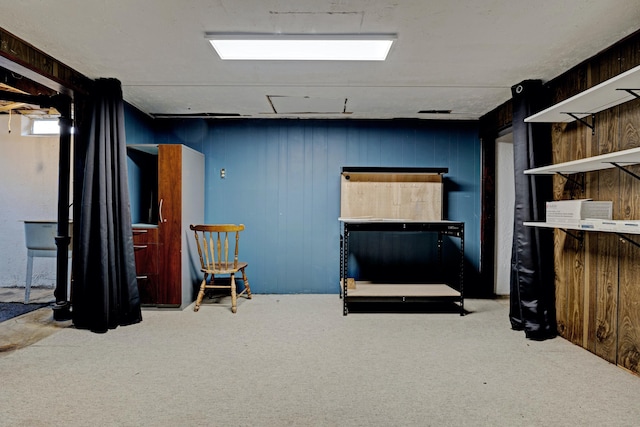 19526 Broadacres St, Clinton Township, MI 48035 - living area featuring carpet floors and wooden walls