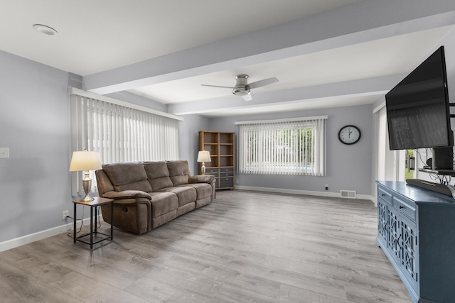 12550 Devoe St, Southgate, MI 48195 - living room featuring baseboards, ceiling fan, and light wood-style flooring