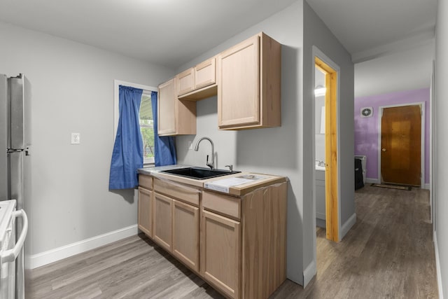 12550 Devoe St, Southgate, MI 48195 - kitchen with a sink, light brown cabinets, stove, light wood finished floors, and baseboards