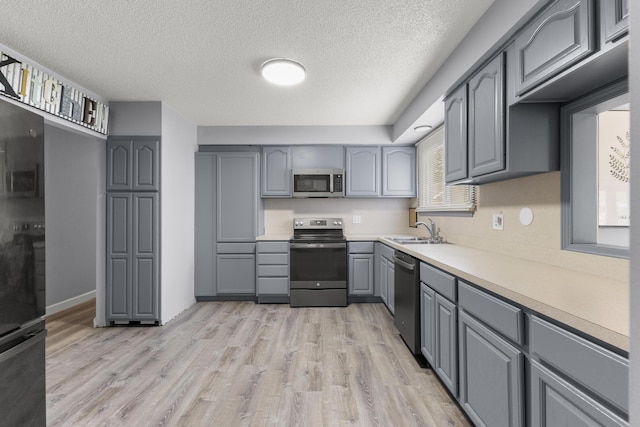 12550 Devoe St, Southgate, MI 48195 - kitchen featuring stainless steel appliances, gray cabinets, a sink, light wood-type flooring, and light countertops