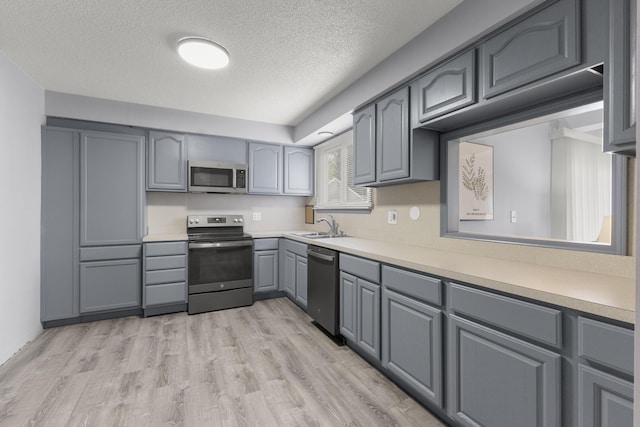 12550 Devoe St, Southgate, MI 48195 - kitchen featuring stainless steel appliances, gray cabinets, a textured ceiling, light countertops, and light wood-style flooring