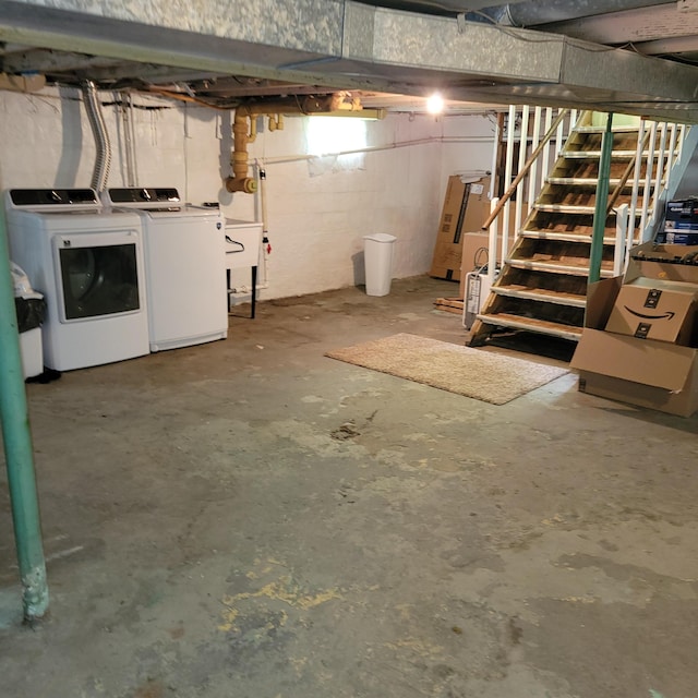 1614 Mooreville Rd, Milan, MI 48160 - unfinished basement with washing machine and clothes dryer and stairs