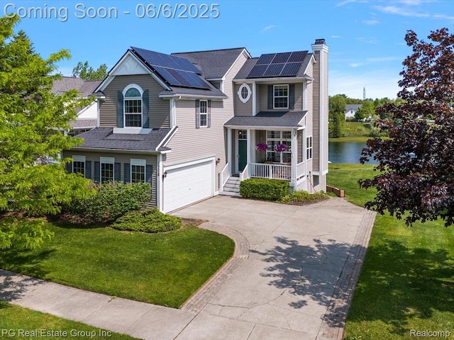 1226 Fountain View Ln, Oxford, MI 48371 - traditional home with a porch, concrete driveway, a front lawn, a chimney, and roof mounted solar panels
