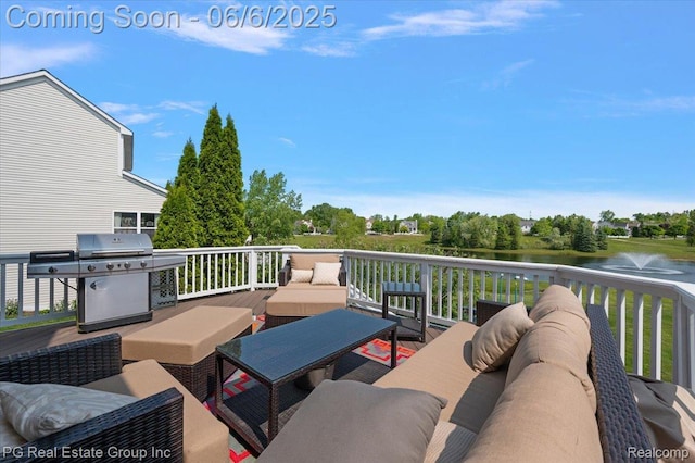 1226 Fountain View Ln, Oxford, MI 48371 - wooden deck featuring an outdoor hangout area, a water view, and a grill