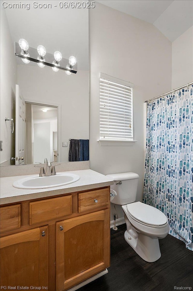 1226 Fountain View Ln, Oxford, MI 48371 - bathroom with vanity, toilet, wood finished floors, a shower with curtain, and lofted ceiling