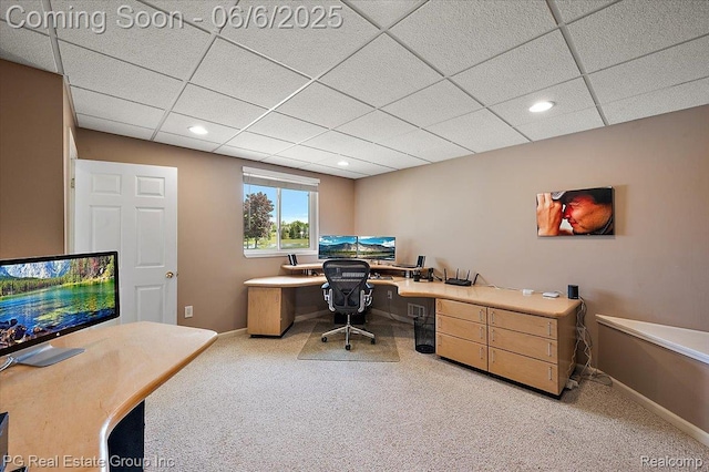 1226 Fountain View Ln, Oxford, MI 48371 - carpeted office space with built in study area, baseboards, a drop ceiling, and recessed lighting