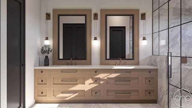 11400 Hillman, Davisburg, MI 48350 - bathroom featuring marble look tiles, double vanity, and an enclosed shower