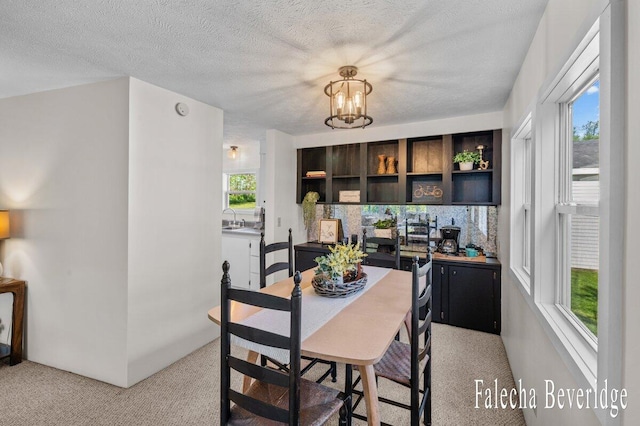 914 32nd St, Allegan, MI 49010 - dining area featuring a chandelier, light carpet, and a textured ceiling