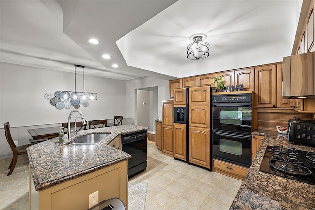 53383 Starlite Dr, Michigan, MI 48316 - kitchen featuring black appliances, a sink, recessed lighting, an island with sink, and dark stone counters