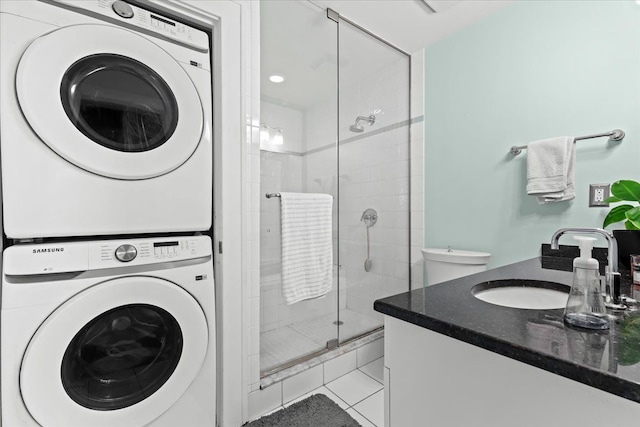 112 Watson St Unit 28, Detroit, MI 48201 - full bath with estacked washer and dryer, a stall shower, and vanity
