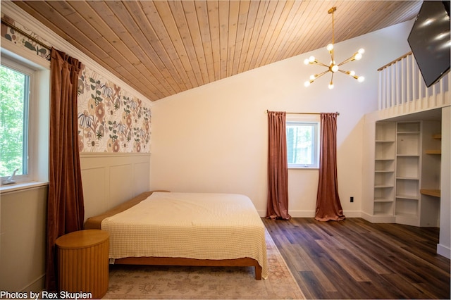 2490 S Parsons Ave, Fremont, MI 49412 - bedroom with crown molding, lofted ceiling, multiple windows, a wainscoted wall, and dark wood finished floors