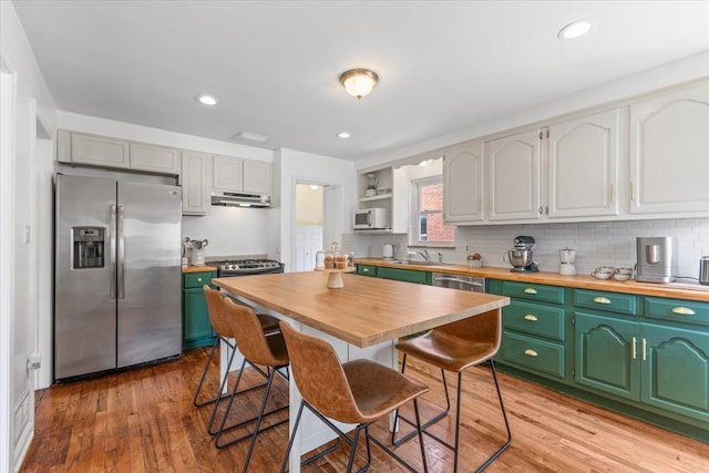 21111 Fleetwood Dr, Harper Woods, MI 48225 - kitchen with stainless steel refrigerator with ice dispenser, wooden counters, a sink, white microwave, and recessed lighting