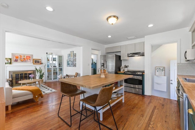21111 Fleetwood Dr, Harper Woods, MI 48225 - kitchen featuring butcher block counters, stainless steel appliances, under cabinet range hood, gray cabinets, and recessed lighting