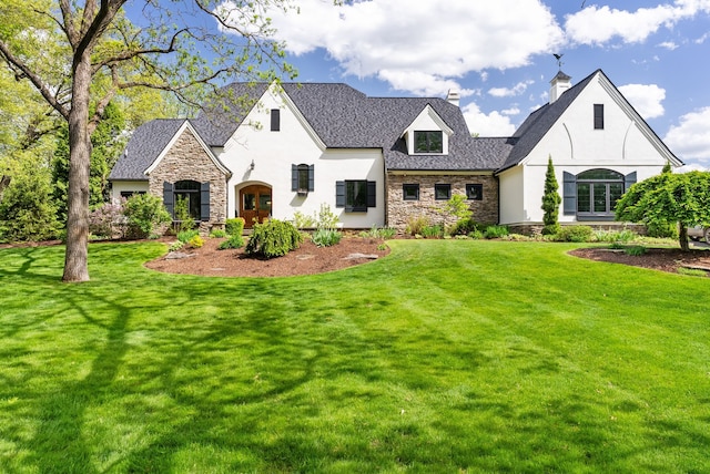 4263 Windmill Farms, Milford, MI 48380 - french country style house featuring stone siding, stucco siding, a chimney, and a front lawn