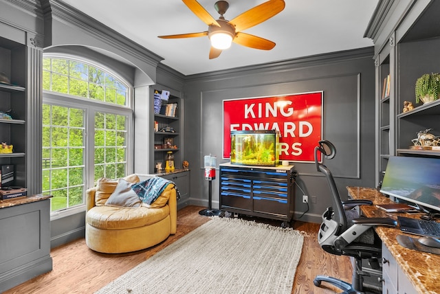 4263 Windmill Farms, Milford, MI 48380 - office space featuring built in shelves, crown molding, wood finished floors, and a ceiling fan