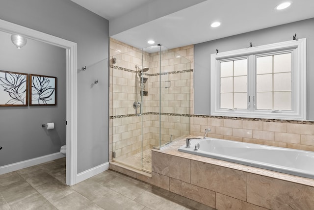 4263 Windmill Farms, Milford, MI 48380 - full bath with a stall shower, a garden tub, toilet, tile patterned floors, and recessed lighting
