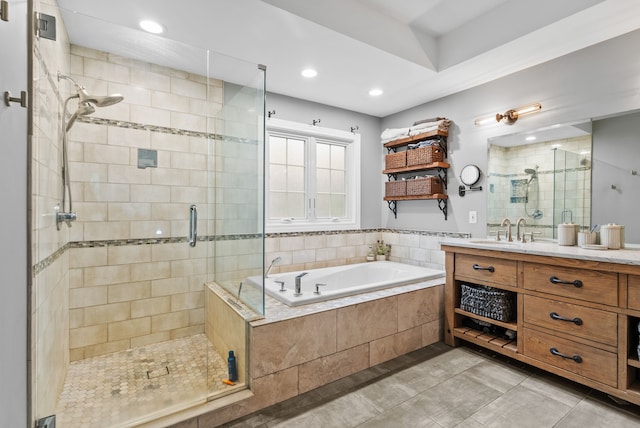 4263 Windmill Farms, Milford, MI 48380 - bathroom with a stall shower, a garden tub, vanity, tile patterned flooring, and recessed lighting