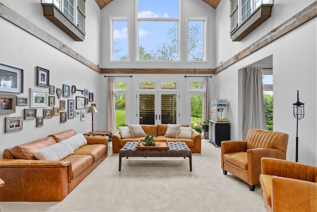 4263 Windmill Farms, Milford, MI 48380 - living room featuring high vaulted ceiling, carpet flooring, and healthy amount of natural light