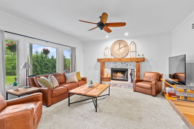 4263 Windmill Farms, Milford, MI 48380 - carpeted living area with a ceiling fan, recessed lighting, a fireplace, and ornamental molding