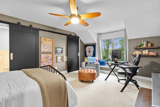 4263 Windmill Farms, Milford, MI 48380 - bedroom with a barn door, light carpet, a ceiling fan, and baseboards