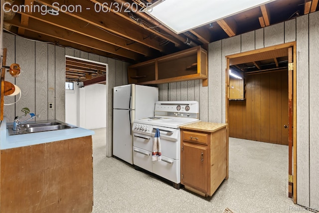 7109 Lake Shore Dr, Chelsea, MI 48118 - kitchen with white appliances, a sink, wooden walls, open shelves, and light countertops