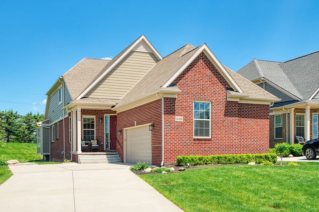 10408 Stoney Point Dr, South Lyon, MI 48178 - traditional-style home with brick siding, driveway, a front lawn, and an attached garage