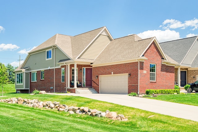 10408 Stoney Point Dr, South Lyon, MI 48178 - traditional-style home with brick siding, a garage, a front lawn, roof with shingles, and driveway