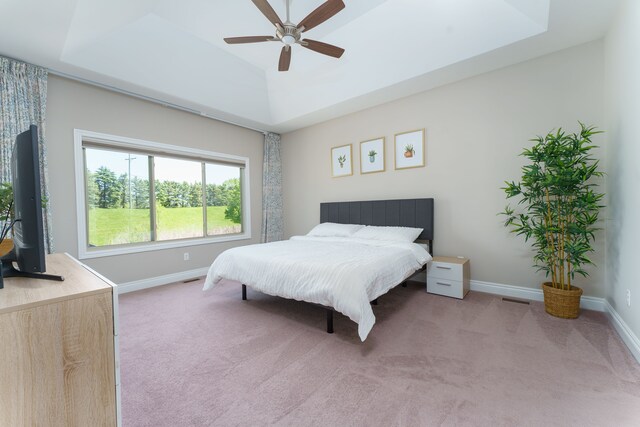 10408 Stoney Point Dr, South Lyon, MI 48178 - bedroom with light colored carpet, a tray ceiling, baseboards, and ceiling fan
