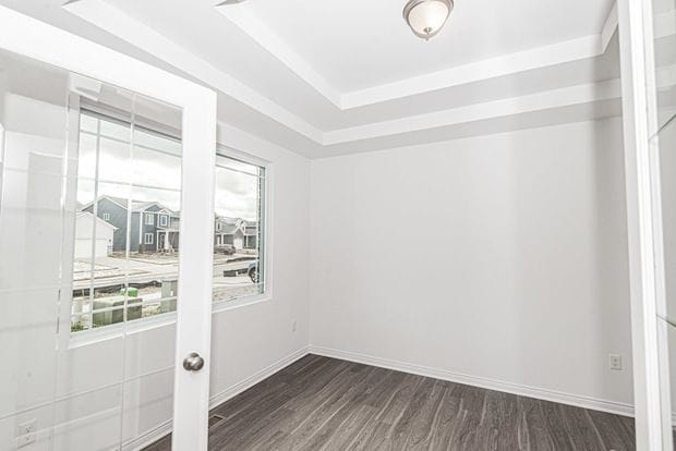 53209 Woodland Mdws, Clinton Township, MI 48047 - spare room featuring plenty of natural light, dark wood finished floors, baseboards, and a tray ceiling