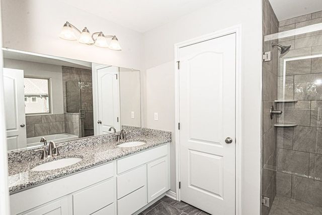 53209 Woodland Mdws, Clinton Township, MI 48047 - bathroom with a shower stall, double vanity, and a bath