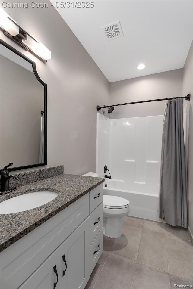 4280 Rolling Meadow Ln, Ypsilanti, MI 48197 - bathroom featuring vanity, shower / tub combo, toilet, tile patterned flooring, and recessed lighting