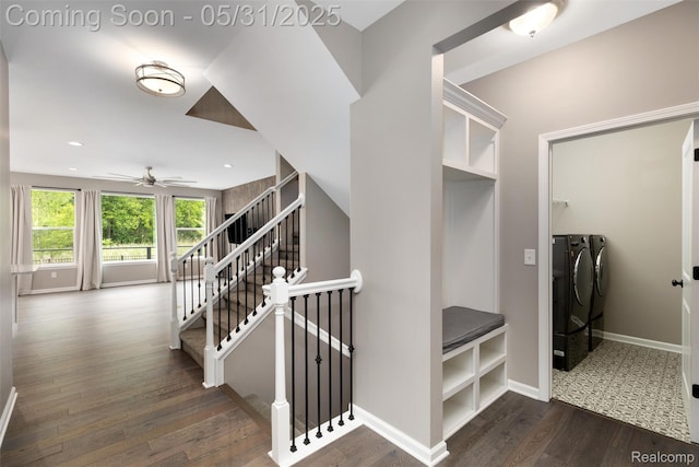 4280 Rolling Meadow Ln, Ypsilanti, MI 48197 - stairway featuring separate washer and dryer, wood finished floors, ceiling fan, and baseboards