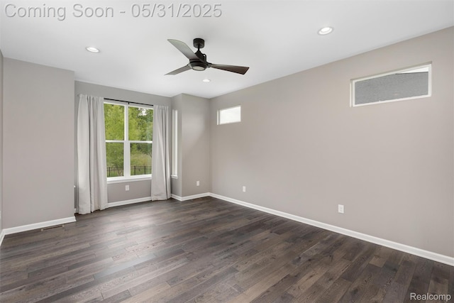 4280 Rolling Meadow Ln, Ypsilanti, MI 48197 - empty room featuring a ceiling fan, dark wood-style flooring, baseboards, and recessed lighting