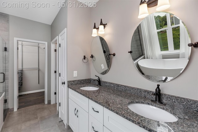 4280 Rolling Meadow Ln, Ypsilanti, MI 48197 - full bath with a stall shower, double vanity, and tile patterned floors