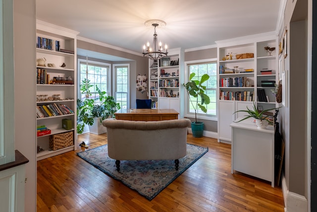 5100 Perry Rd, Grand Blanc, MI 48439 - sitting room featuring a chandelier, hardwood / wood-style floors, plenty of natural light, crown molding, and a desk