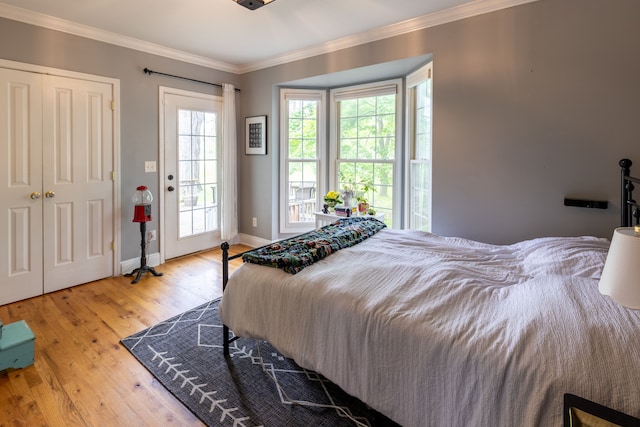 5100 Perry Rd, Grand Blanc, MI 48439 - bedroom featuring ornamental molding, light wood-style floors, baseboards, and access to exterior