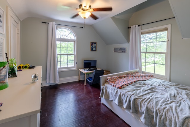 5100 Perry Rd, Grand Blanc, MI 48439 - bedroom with lofted ceiling, dark wood-type flooring, baseboards, and a ceiling fan
