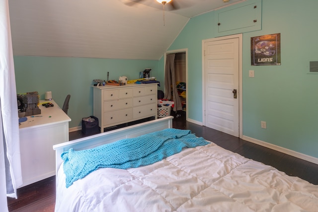 5100 Perry Rd, Grand Blanc, MI 48439 - bedroom featuring dark wood finished floors, vaulted ceiling, baseboards, and ceiling fan