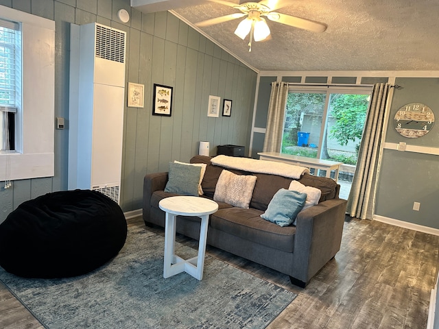 11181 W Ferndale Dr, Manitou Beach, MI 49253 - living area featuring a heating unit, wood finished floors, vaulted ceiling, a ceiling fan, and plenty of natural light