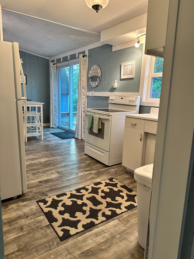 11181 W Ferndale Dr, Manitou Beach, MI 49253 - kitchen featuring white appliances, wood finished floors, and a textured ceiling
