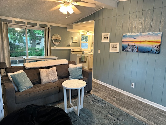 11181 W Ferndale Dr, Manitou Beach, MI 49253 - living area featuring wood finished floors, plenty of natural light, a ceiling fan, baseboards, and wood walls