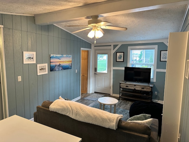 11181 W Ferndale Dr, Manitou Beach, MI 49253 - living room featuring wood finished floors, a ceiling fan, wooden walls, baseboards, and a textured ceiling