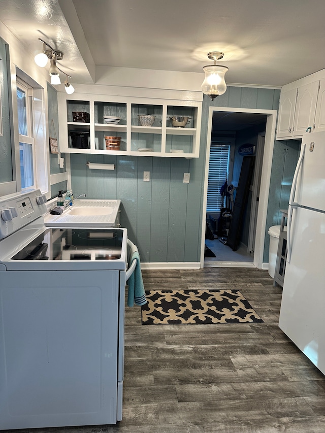 11181 W Ferndale Dr, Manitou Beach, MI 49253 - kitchen featuring white appliances, white cabinetry, washer / dryer, open shelves, and dark wood finished floors