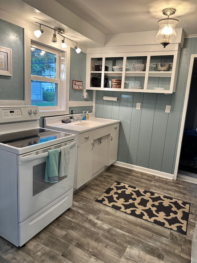 11181 W Ferndale Dr, Manitou Beach, MI 49253 - kitchen with white electric range, open shelves, dark wood finished floors, a sink, and light countertops
