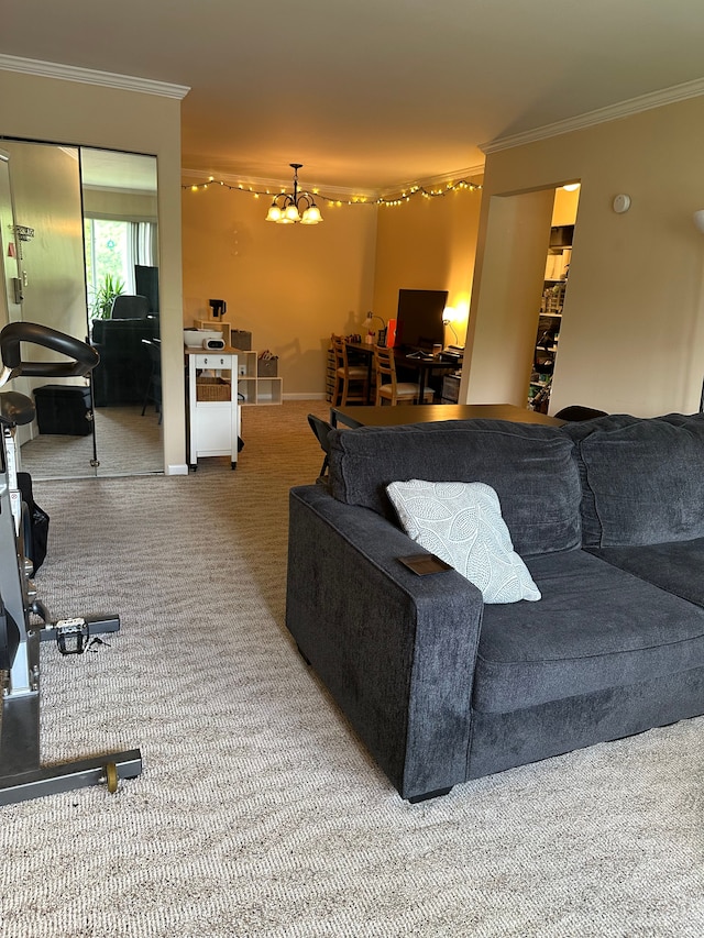 26760 Joy Rd Unit E12, Redford, MI 48239 - living room featuring ornamental molding, carpet flooring, an office area, a chandelier, and baseboards