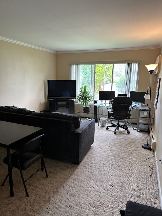 26760 Joy Rd Unit E12, Redford, MI 48239 - living area featuring ornamental molding, carpet floors, a desk, and a baseboard radiator