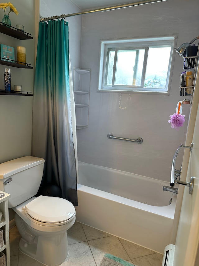 26760 Joy Rd Unit E12, Redford, MI 48239 - full bathroom with tile patterned floors, toilet, shower / bath combo with shower curtain, and baseboard heating