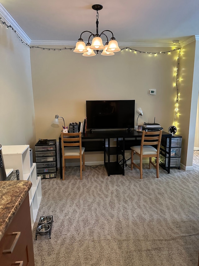 26760 Joy Rd Unit E12, Redford, MI 48239 - home office with ornamental molding, a chandelier, carpet, and baseboards